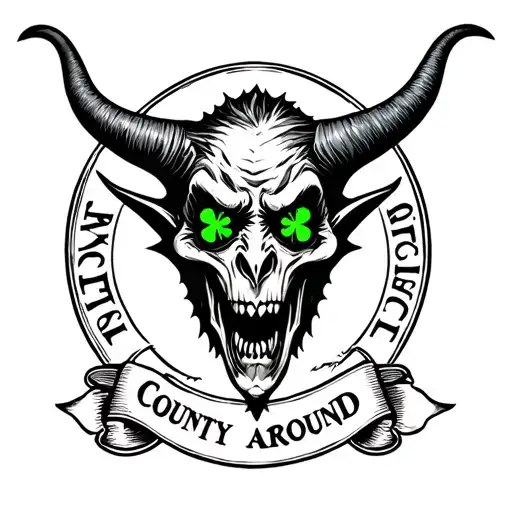 Demon Head With Shamrock Eyes That Says County Hell Around It