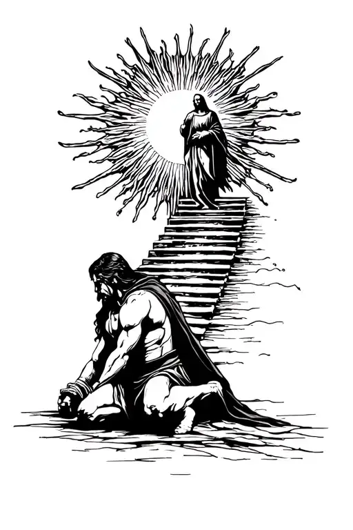 Warrior Kneeling To God With The Sun Shining And Stairway To Heaven