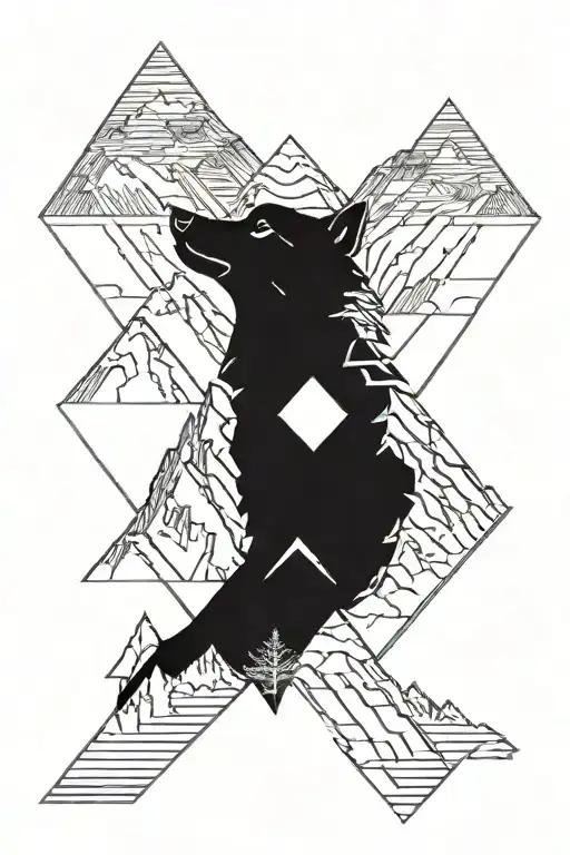 A Geometric Mountain Range With A Wolf Howling At The Top Peak