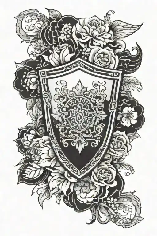 A Shield With A Dark Angle On It And Flowers Surrounding It