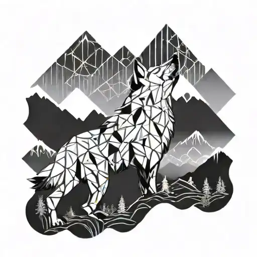 A Geometric Mountain Range With A Wolf Howling At The Top Peak