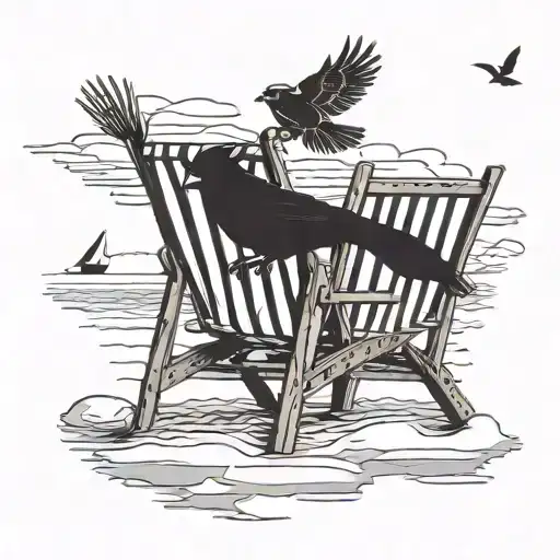 Cardinal Flying Over 2 Beach Chairs Looking At The Ocean
