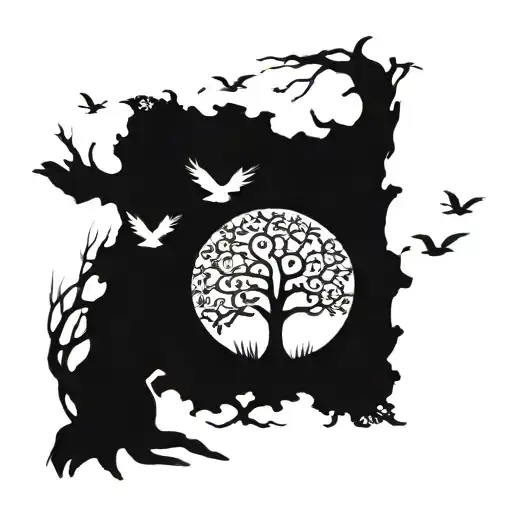 Tree Of Life With Birds Flying Away