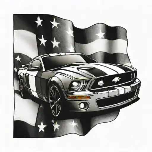 An American Flag Waving Proudly With A Silhouette Of A Ford Mustang Gt Speeding Across The Stripes