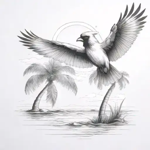 Flying Cardinal To The Ocean And Palm Tree