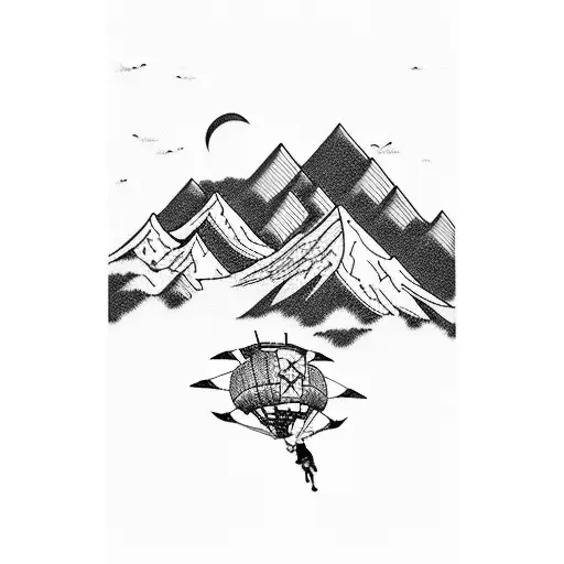 A Detailed Tattoo Of A Mountain Range With A Skydiver Descending From The Clouds