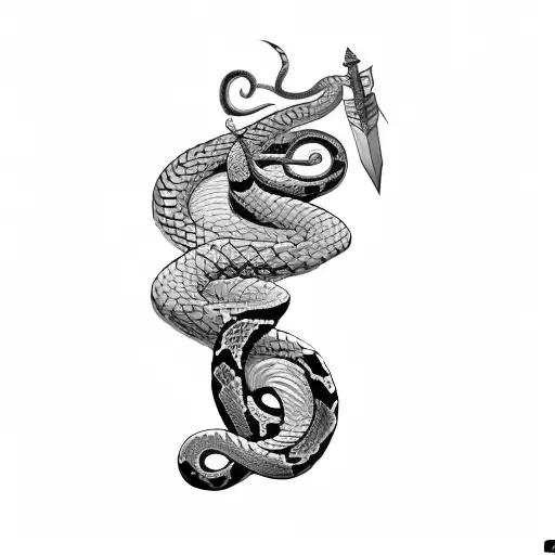 A Snake And A Man Holding A Sword And Have Geometric Shapes And Lines Around