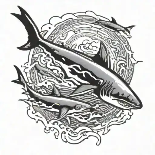 A Dynamic Tattoo Design Featuring A Swimmer Racing Through Open Water Surrounded By Sharks