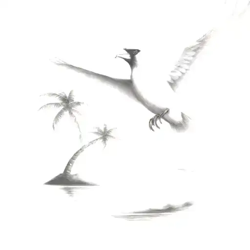 Flying Cardinal To The Ocean And Palm Tree With Clouds
