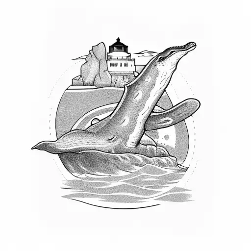 Blue Whale And Turtle Swimming Around A Lighthouse