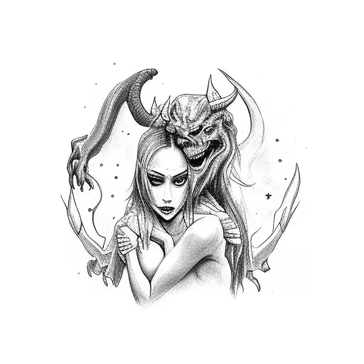 Demon Holding Pretty Girl By Her Neck Like He Controls Her And Doesn't Let Her Talk