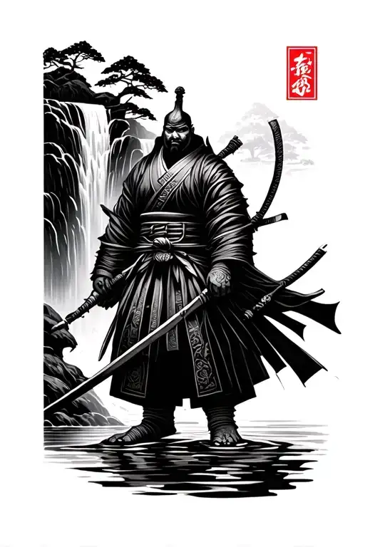 Japanese Ronin With Waterfall Behind With Linework