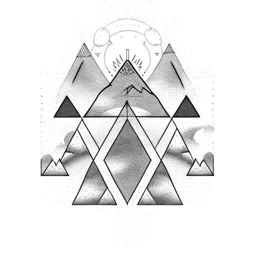 Mountain With Sunflower And Geometric Line Work Hovering Over The Mountain