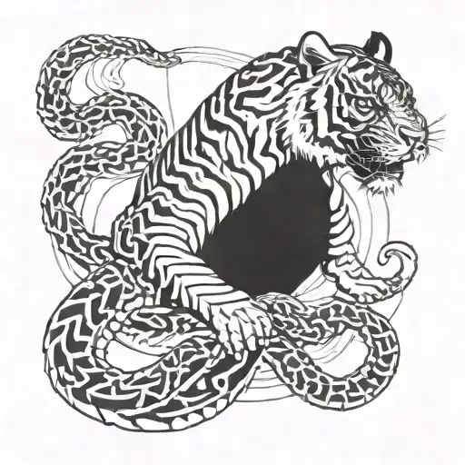 Tiger And Two Snakes Intertwined