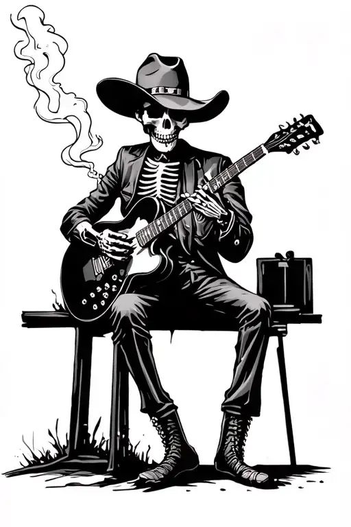 Cowboy Skeleton Playing Guitar Smoking Cigarette
