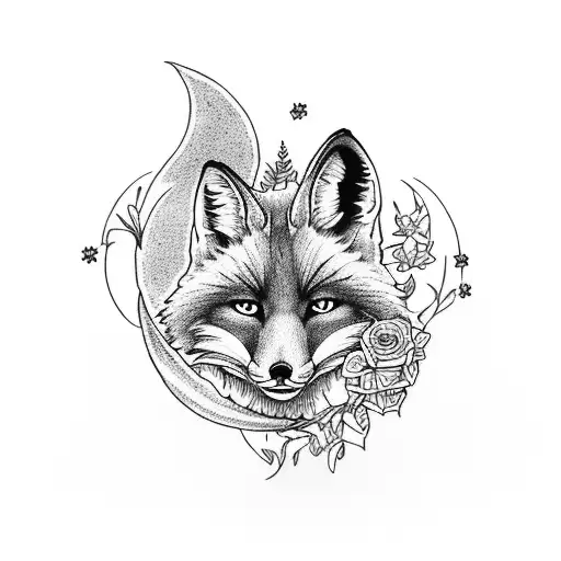 Fox With Moon And Flowers