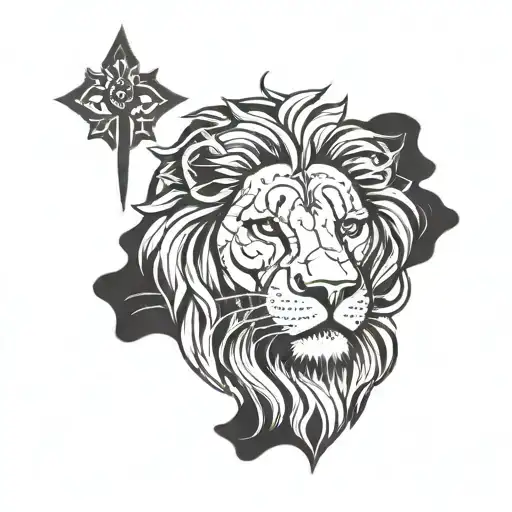 Cross With A Lion Face Tattoo