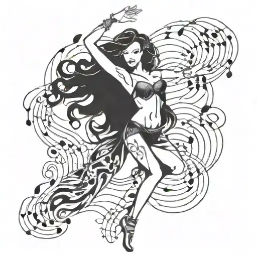 A Tattoo Design Of A Sultry Dancer With Flowing Hair And Music Notes Dancing Around Her