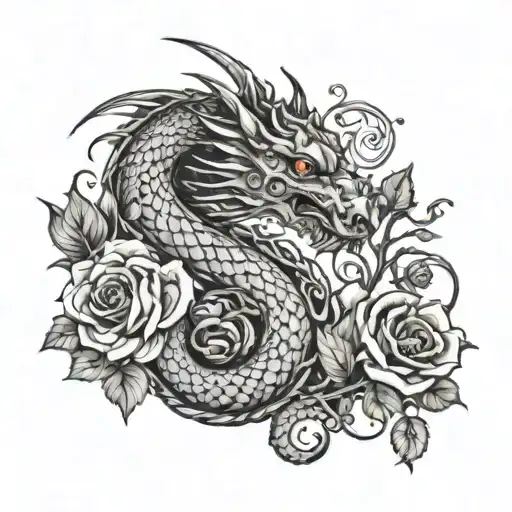 A Dragon Wrapped Around A Blooming Rose Vine