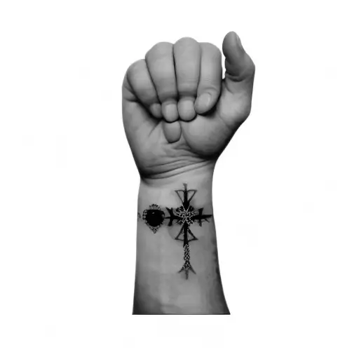 A Cross Tattoo On A Men Wrist The Year 2003 And The Word Love In Japanese In Red Ink