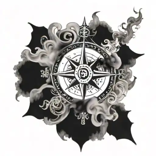 A Compass Rose Surrounded By Smoke Tendrils And Family Names