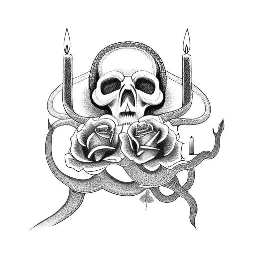 Snake Coming Out Of A Skull With Roses And Candles Around The Skull