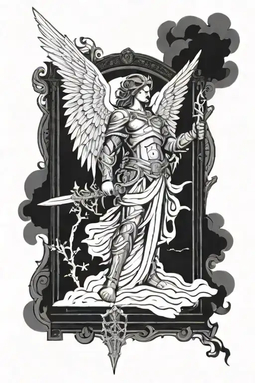 Armored Angel With A Sword Standing In Front Of The Gates To Heaven In A Frame