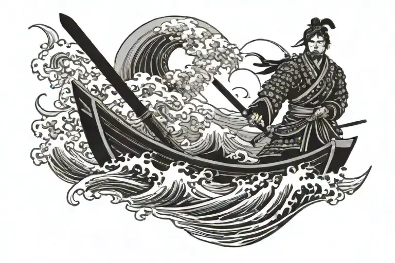 Samurai In Sea Weaves Alone In A Boat
