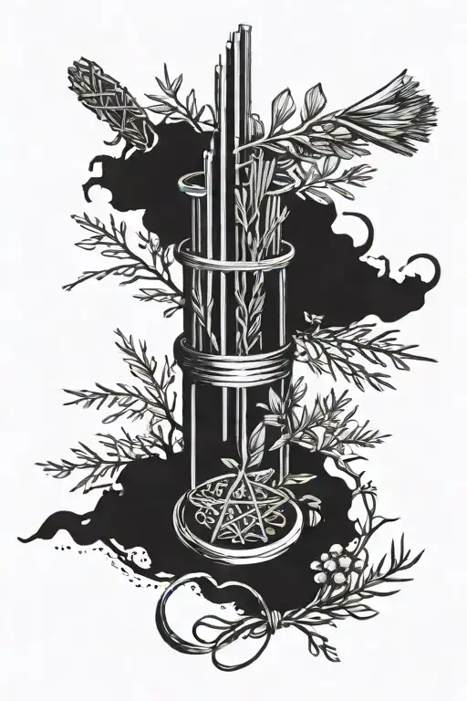 Witchy Themed Incense Sticks With Juniper Branch And Rue Plant Tied Around Them