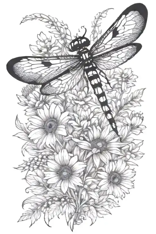 A Dragonfly Hovering Over A Field Of Vibrant Wildflowers With A Hidden Tiger Silhouette