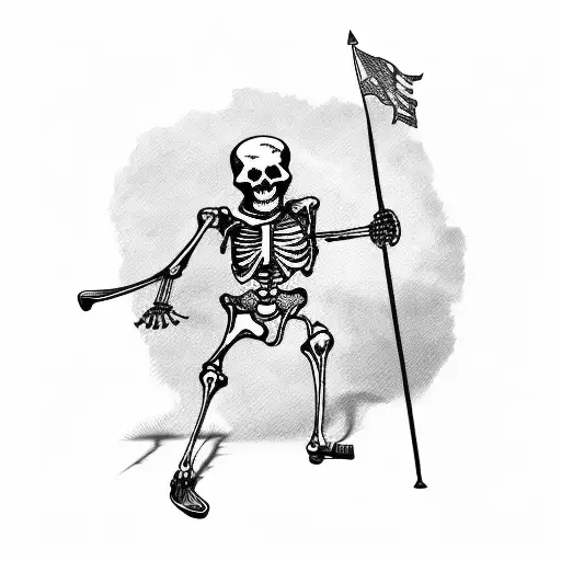 Skeleton Soldier Carrying Flag And Rifle Running Into Battle