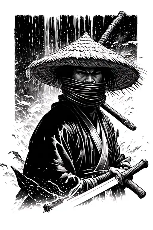Japanese Ronin Wielding Katana And Wearing Strawhat Covering His Face With Waterfall Behind