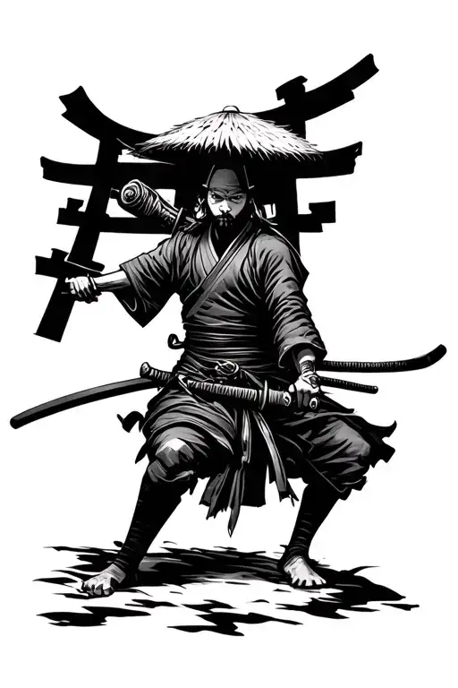 Japanese Ronin Wielding Katana And Wearing Strawhat With Torii Gate Behind