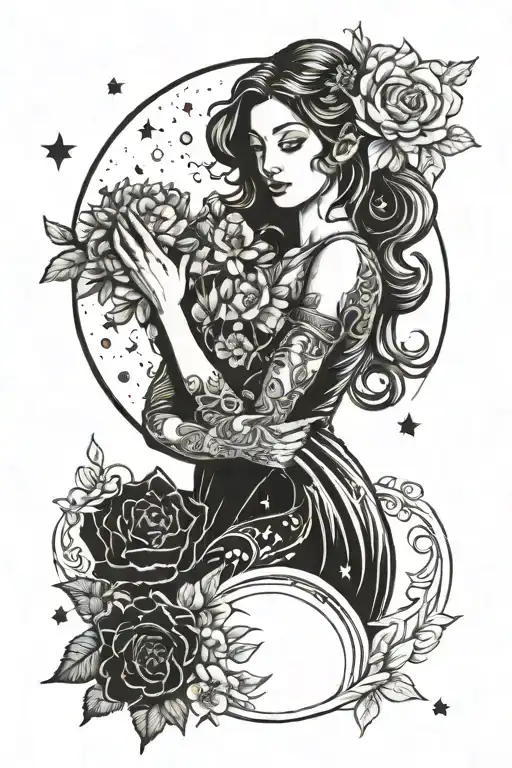 Virgo Holding Astrid Flowers In Front Of Moon And Stars