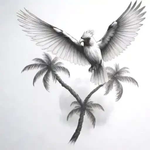 Flying Cardinal And Palm Tree Sun Rays