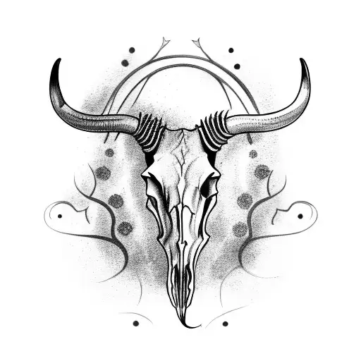 Longhorn Skull With Heron Silhouette In Centre Of Skulll