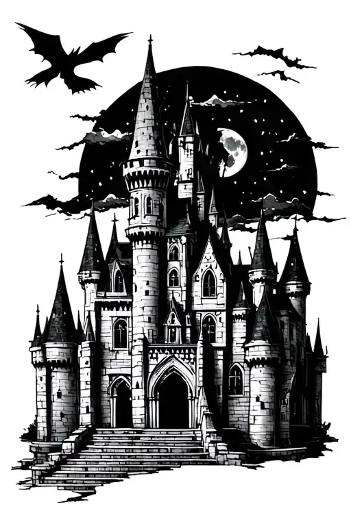 Gothic Castle At Night Sky Full Moon