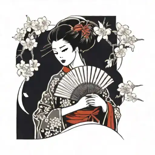 A Geisha Holding A Fan With Cherry Blossoms In The Background