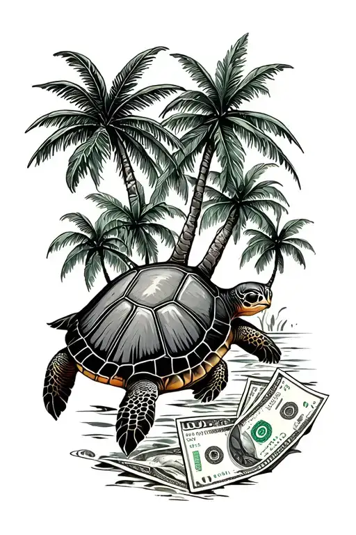 Tropical Trees Growing Next To Money Sea Turtle Swimming