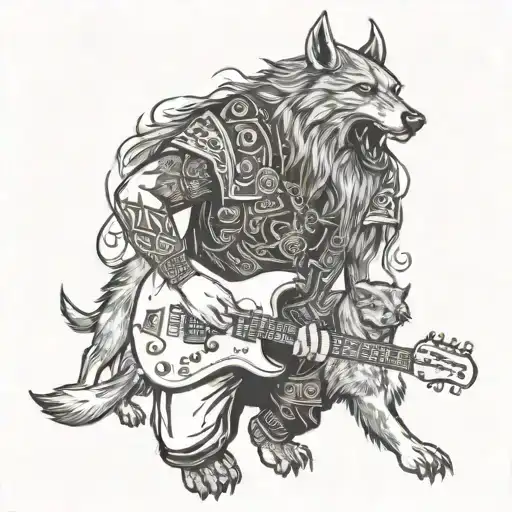 A Viking Warrior Playing An Electric Guitar Surrounded By Wolves And Ravens