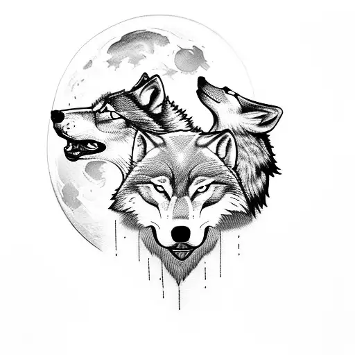 Wolf Howling At The Moon And 3 Cubs