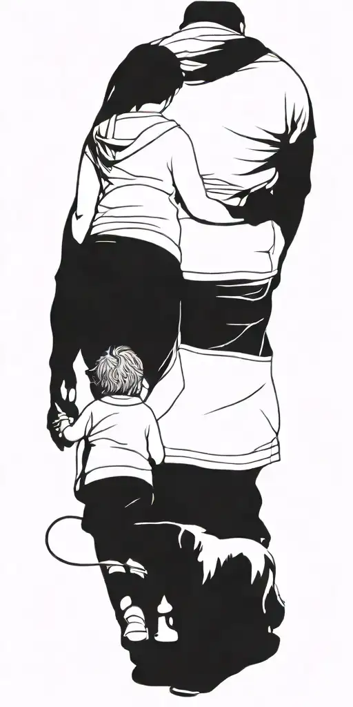 Man And Child Holding Hands Walking Their Dog