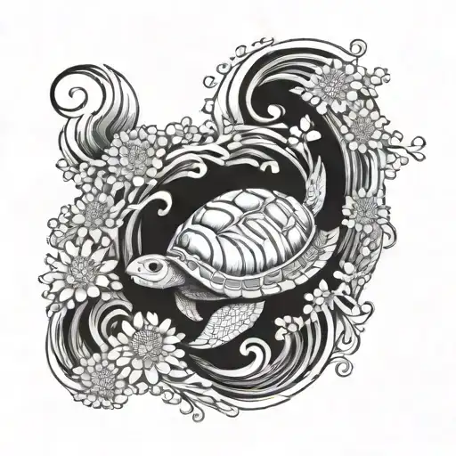 An Abstract Wave Design Incorporating A Turtle And Chrysanthemum Flowers