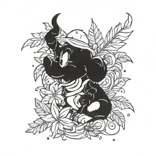 A Tattoo Combining Disney Characters With Weed Leaves In A Whimsical And Magical Design