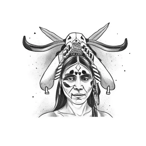 Native Woman Holding Bull Skull In Front Of Face While Doing A Prayer