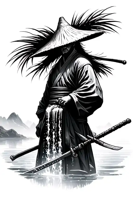 Japanese Ronin Wearing Strawhat With Waterfall Behind
