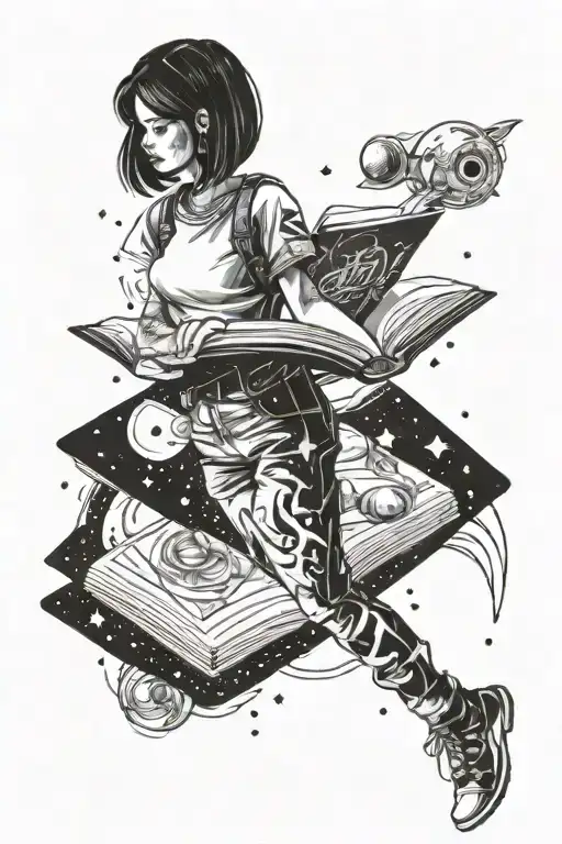 Girl Standing In Space Reading A Book Surrounded