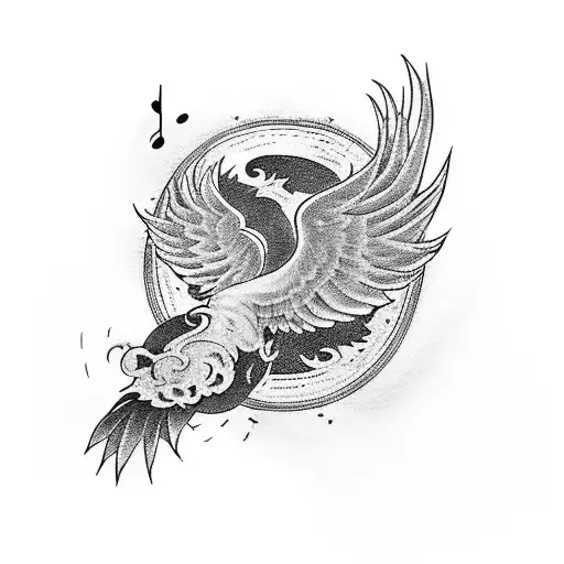 A Phoenix Flying Over A Music Sheet With Theatre Curtains In The Background