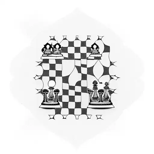 An Intricate Blackwork Tattoo Of A Chessboard With Military-inspired Chess Pieces