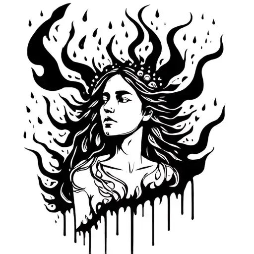 Tribal Tattoo Hippie Woman Trees On Fire During A Rain Storm Leaves Blowing Tattoo Black And White